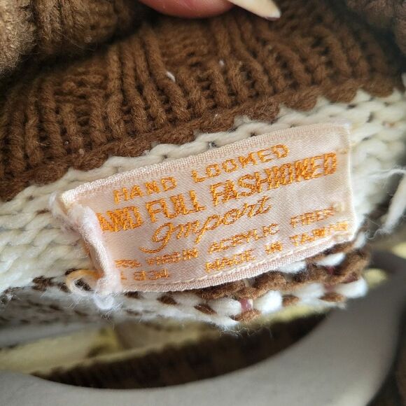 Vtg Hand Loomed Cream & Brown High Turtleneck Sweater Jumper No Size Flaw - Picture 7 of 7